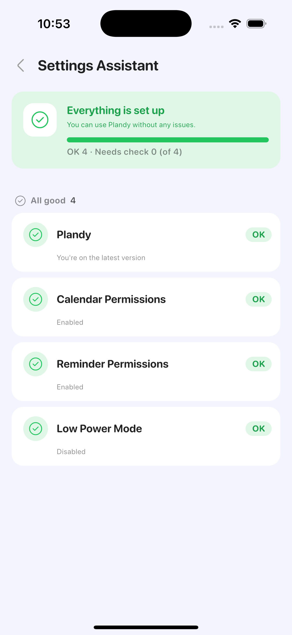 Actual Plandy Settings Assistant screen